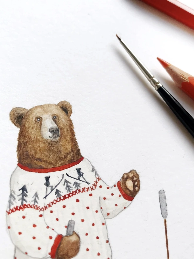 skiing bear christmas card