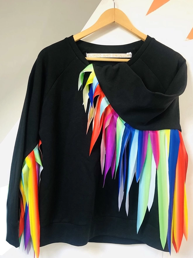 Black Organic cotton Sweatshirt with long sleeves and Rainbow wings made from Econyl