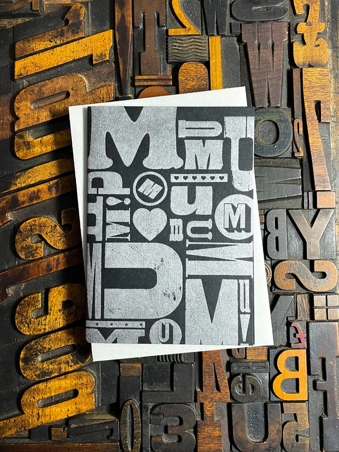 A deep impression letterpress printed mother's day card. Metallic silver ink on traditional printed type blocks. Printed by hand on my 1915 Arab Crown Folio Press. Comes with a range of matching coloured envelopes.