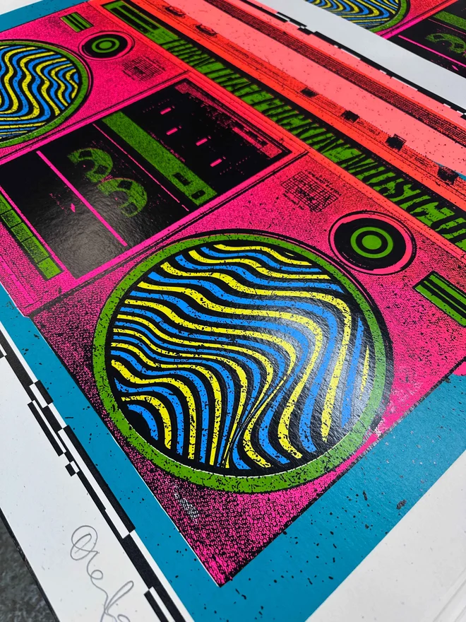 retro 1980s boom box screenprint closeup