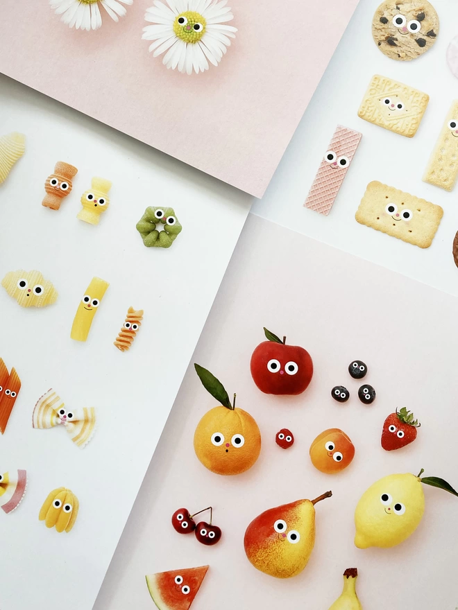A selection of A3 Prints of food with faces 