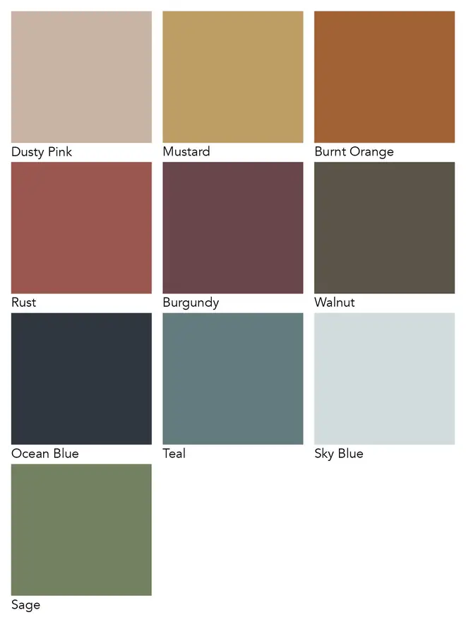 A colour swatch showcasing all of Studio Zef's stock colours. All their empire lampshades can be hand printed in any of these colours. 