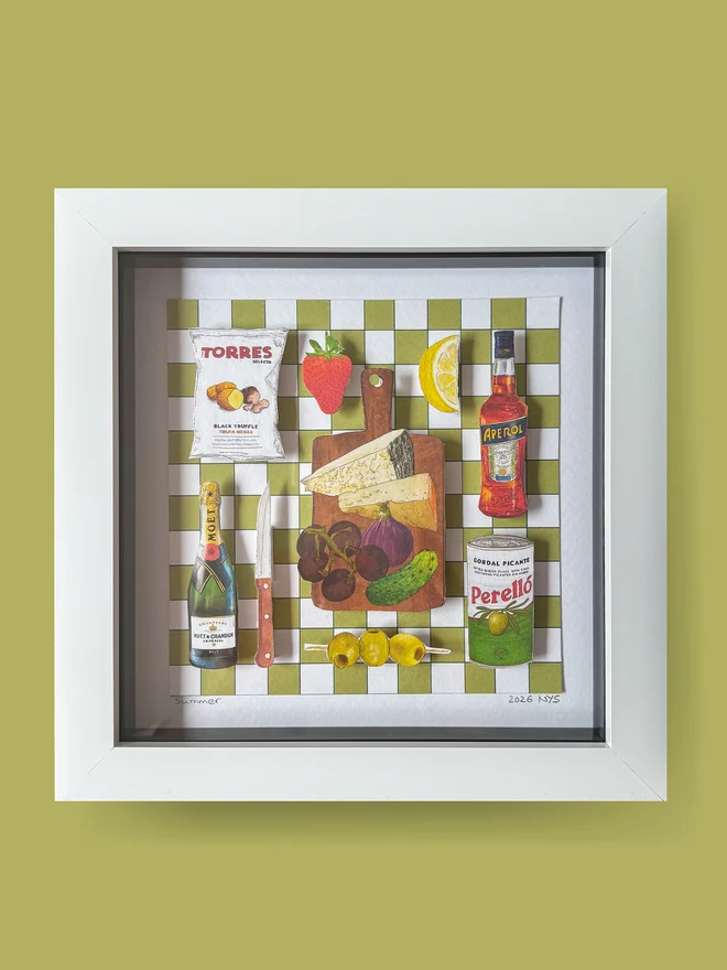 Illustrated 3D paper collage in a white frame showing picnic cupboard staples on a green white background