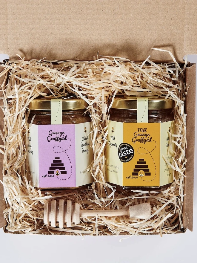 Welsh Runny & Welsh Heather Honey Gift Set with Wooden Honey