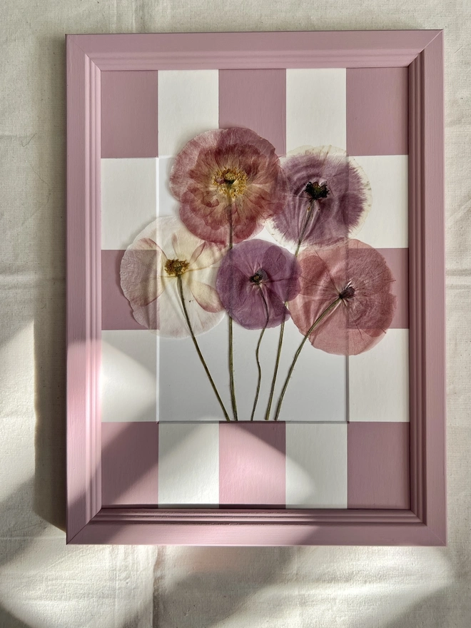 pressed poppy flowers in hand painted pink frame