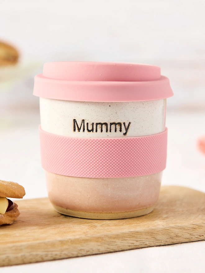 mummy personalised short ceramic pink travel mug