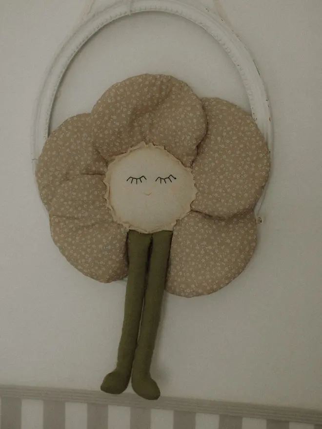 Beige Flower Pillow, Baby Girl Nursery Decor, Botanical Wall Hanging