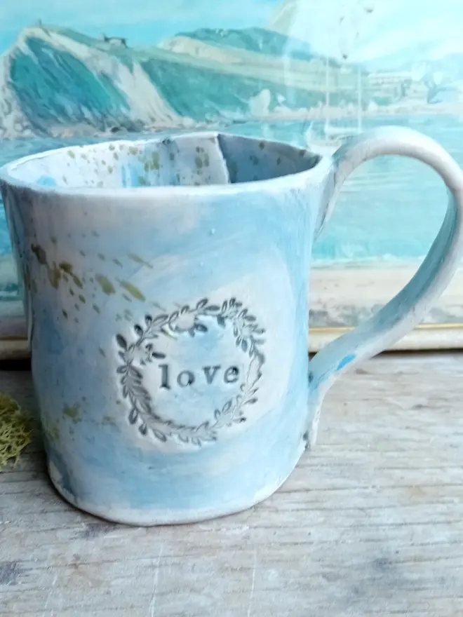 Personalised Stoneware Mug in blue with 'love' text