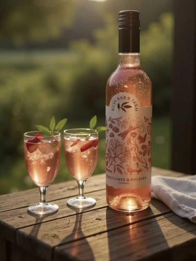 Elderflower & Rhubarb Cordial (Set Of 1, 2, 3 Or 4), a glass or cordial next to a bottle on a wooden surface. 