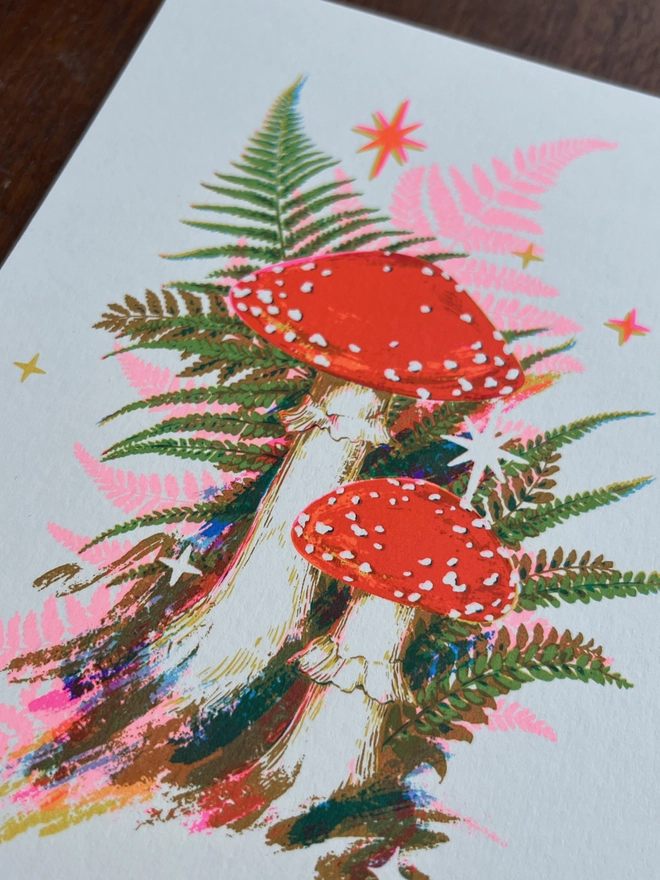 Limited Edition Mushroom screenprint by Kath Leone with pink fern