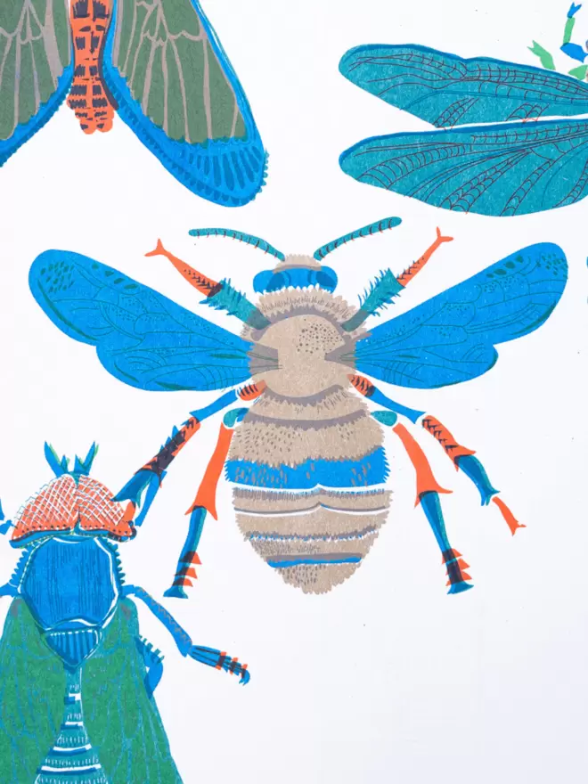 Close-up, detailed shot: one of the insect designs with blue wings and red and blue legs