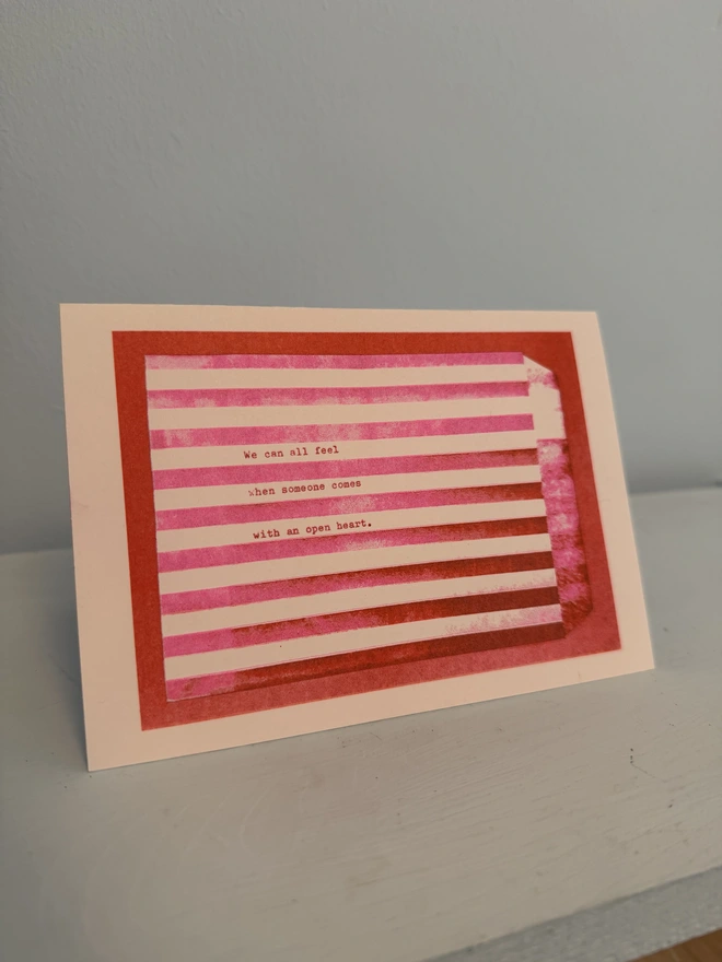 red and pink A6 risograph small art greetings card with poetic message