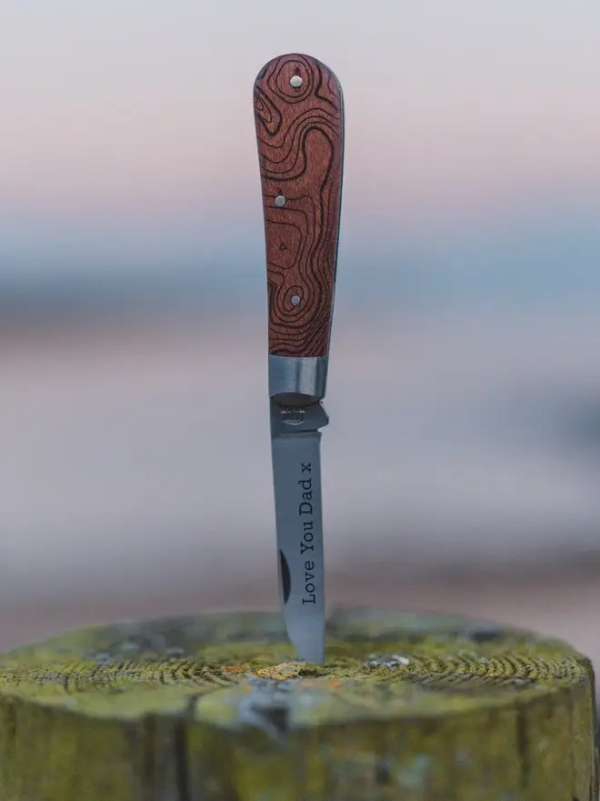 'the cheviot' folding pocket knife. a steel pocket knife with a brown wooden handle stuck in a tree stump.
