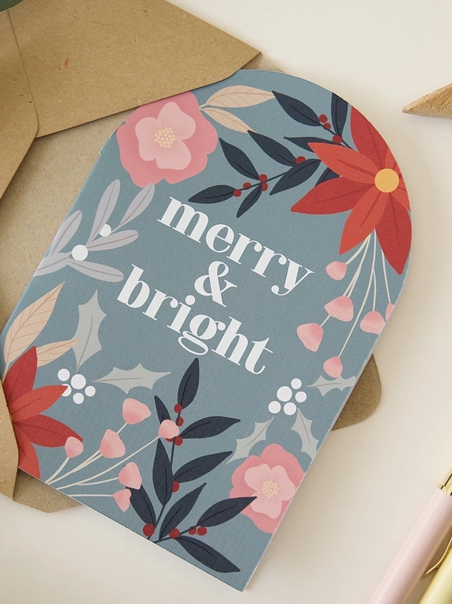 Merry and bright botanical floral Christmas card
