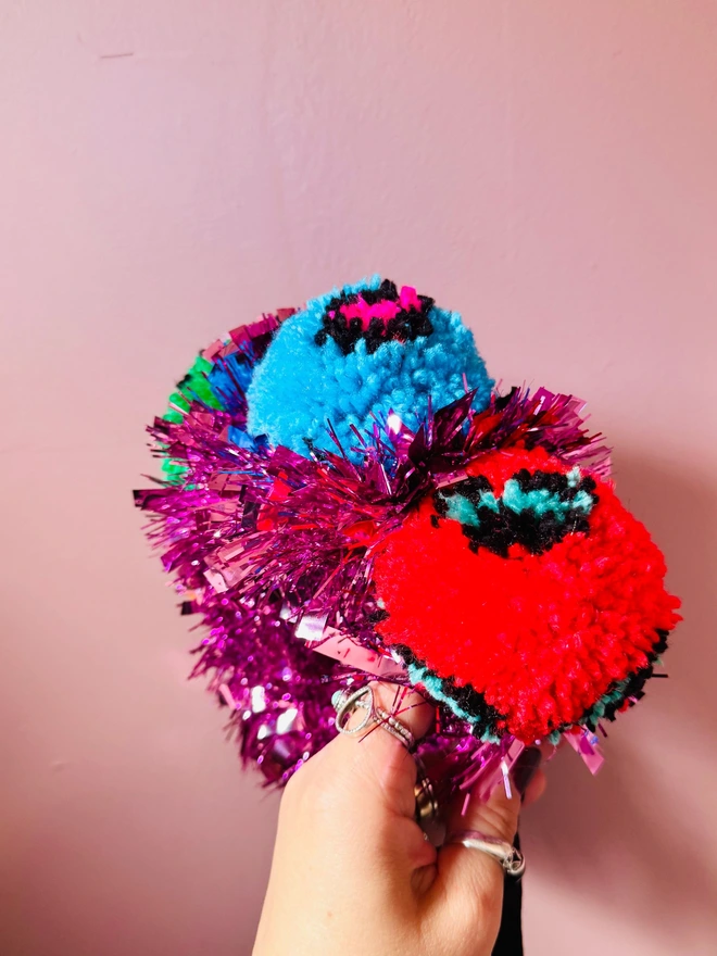 Leopard print Pom Pom festival headband festival Pom Pom tinsel headband bright headband rainbow headband pink tinsel 