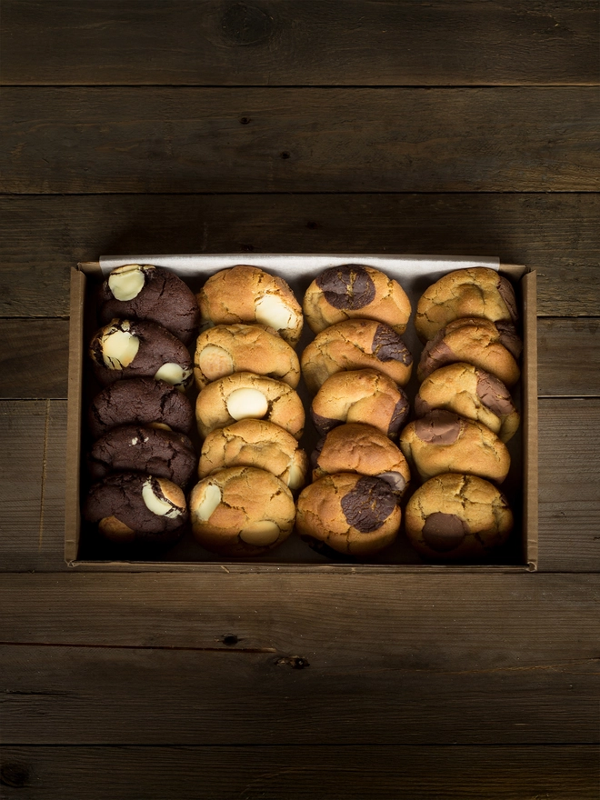 A box of homemade mixed chocolate cookies