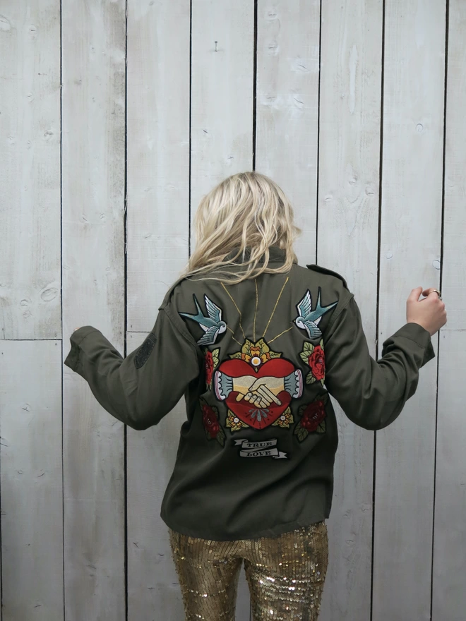 Vintage Army Jacket Embroidered Sacred Heart