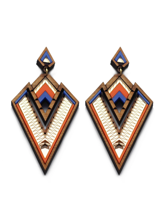 Diamond Shaped Earrings with a small diamond stud with a drop of a bigger diamond shape. Colours in Gold, orange navy and walnut wood around the edge of the earrings. 