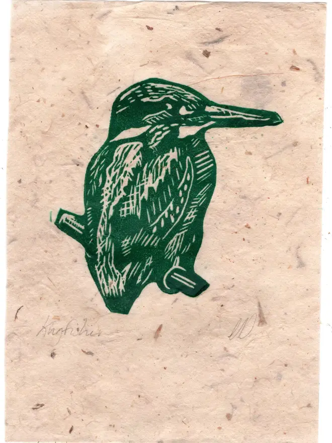 Lino Print Kingfisher On Handmade Paper