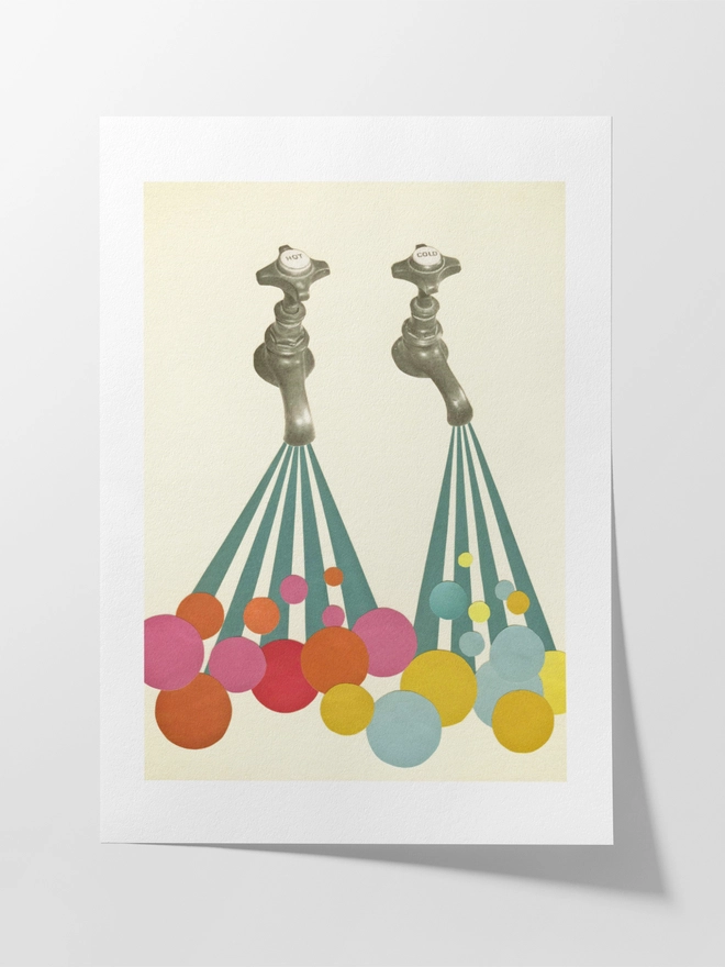 A fun colourful print, featuring vintage taps with colourful bubbles.