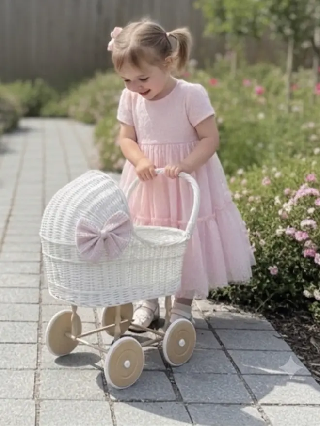 White tall pram with bow