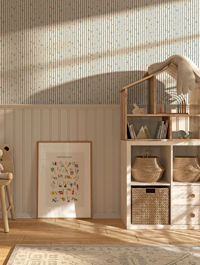 Ducks In A Row Stars and Stripes Kids wallpaper in kids bedroom with Scandi style furniture