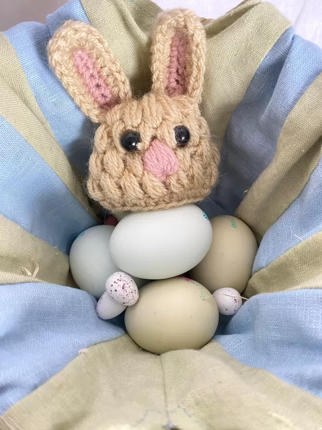 hand crocheted rabbit egg cosy