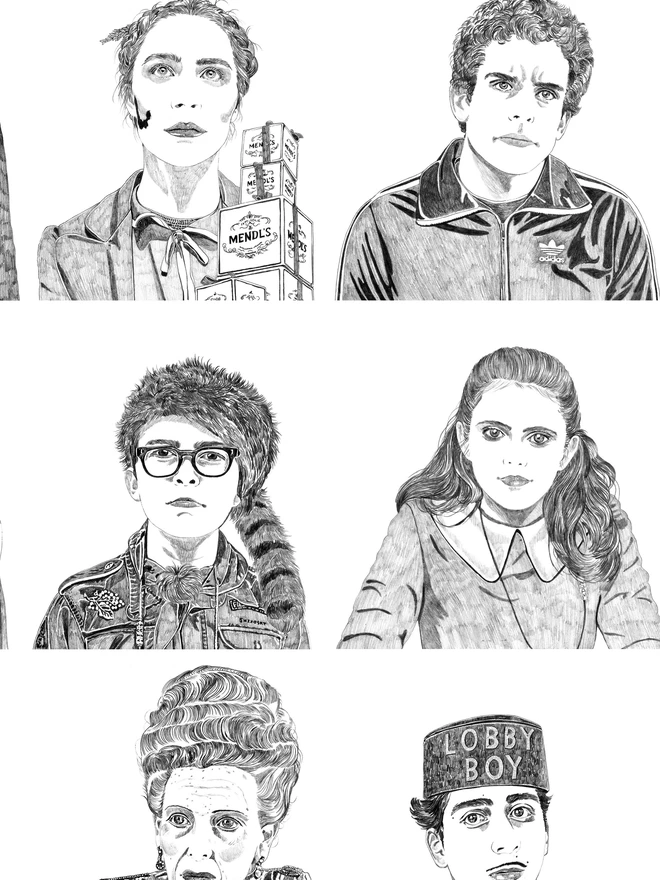 Detail of hand drawn characters in Wes Anderson art print
