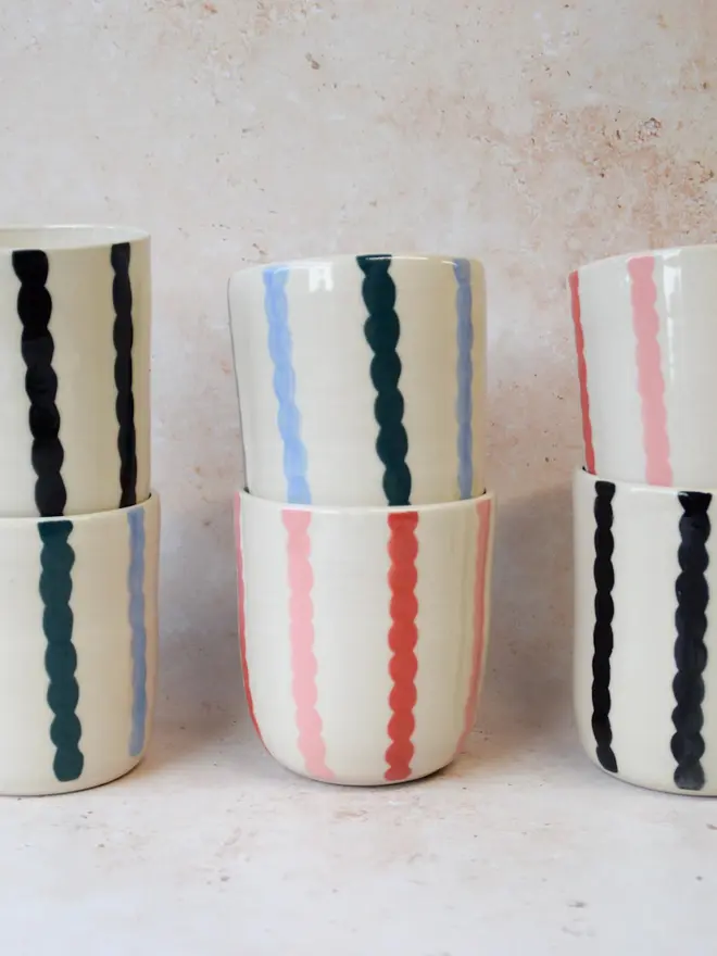 Handmade ceramic Stripe Pop tumblers - trio in black, blue, and red stripes