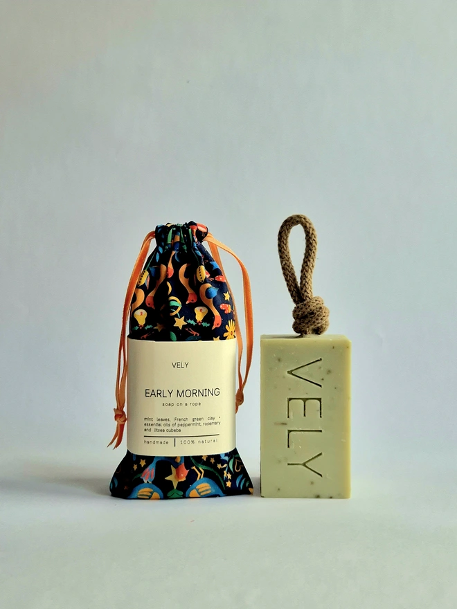 Natural Handmade Soap On A Rope "Early Morning" in Liberty Bag