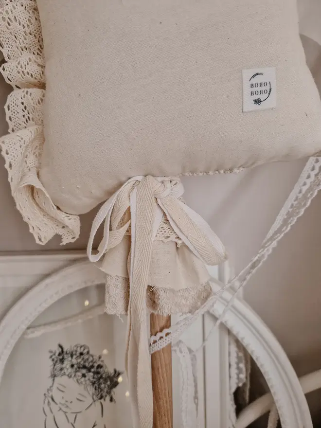 Handmade Cotton Hobby Horse Nursery Decoration, a cotton hobby horse sitting in a child's bedroom surrounded by other bedroom accessories. 