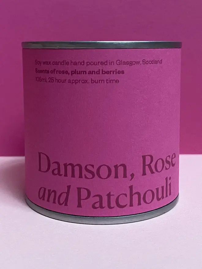 Valentine's Day Soy Wax Candle Tin, against a pink background. 