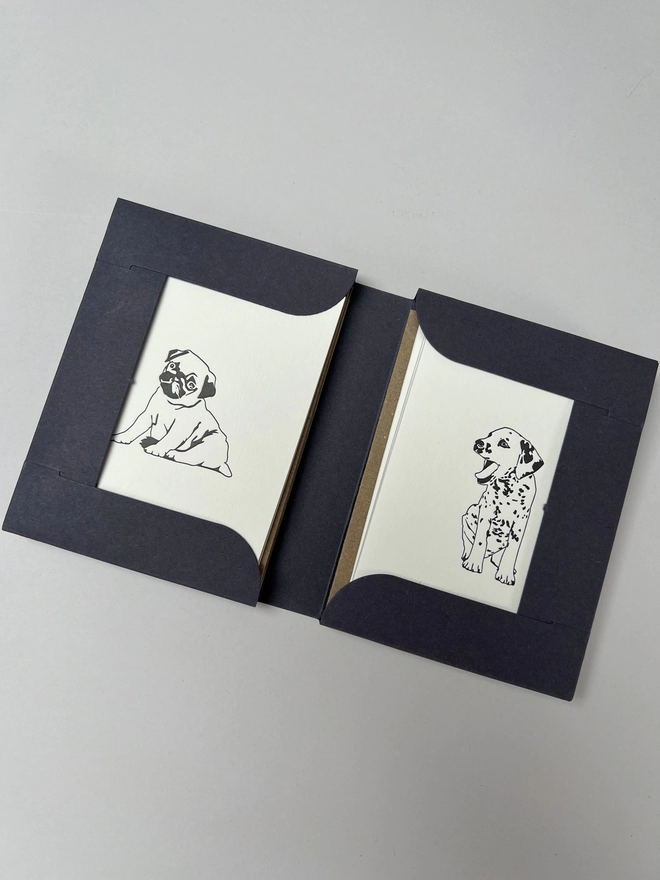 Open plastic free gift box that includes eight different dog note cards and nine envelopes for those naughty little mistakes