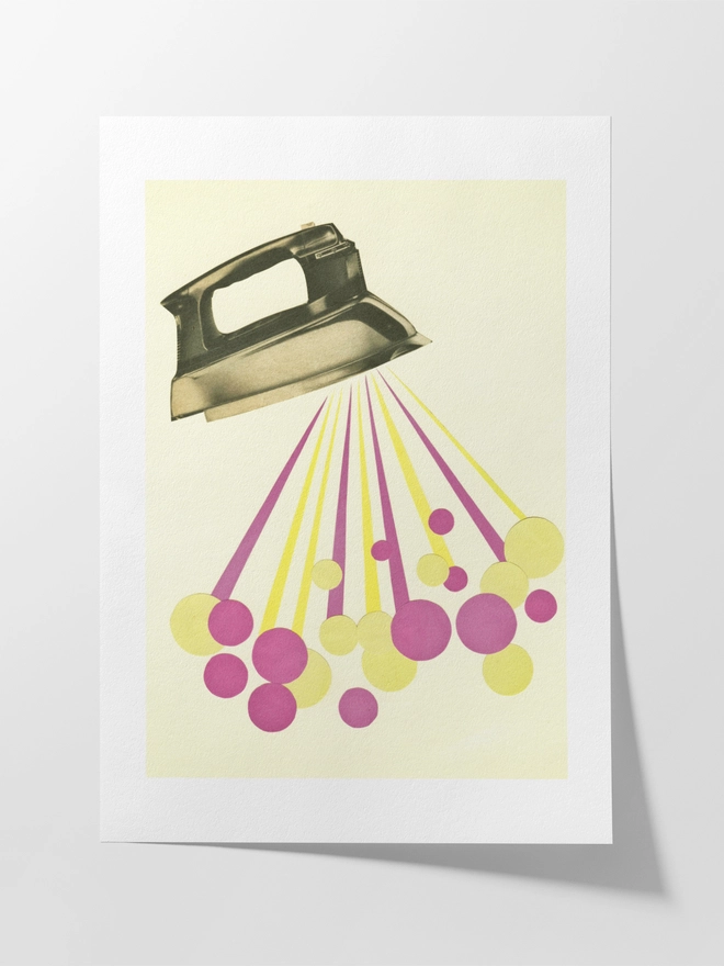 A print featuring a colourful steaming iron.