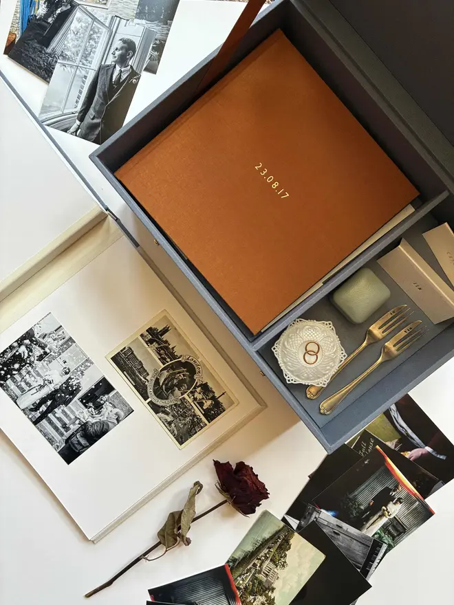 Open wedding keepsake box by Keep Collect showing divided top tier, guestbook and wedding ephemera