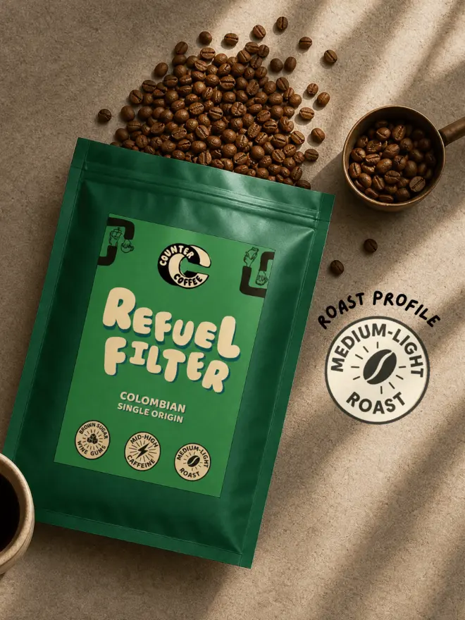 Refuel Filter. A bag of coffee beans from Counter Coffee.