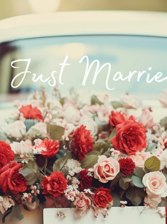 Romantic Just Married vinyl graphic for wedding getaway car