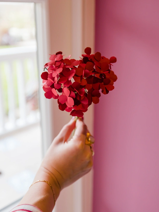 Red handmade paper heart hydrangea, perfect for valentines gifts, valentines decorations or gifts for your galentines.
