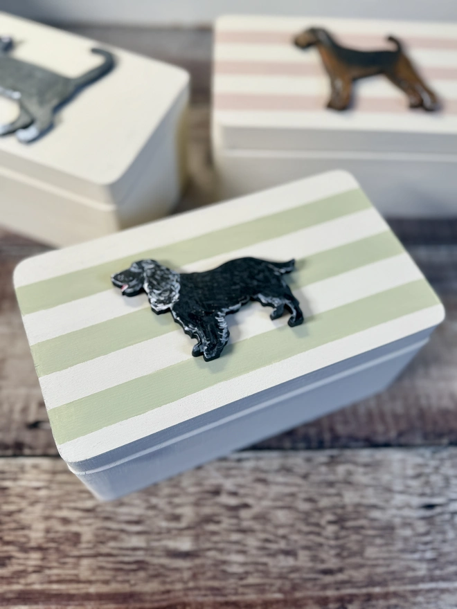 Hand painted black cocker spaniel memory box with green and white stripes 