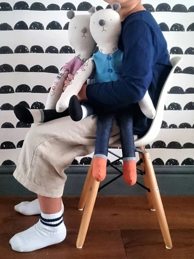 tattooed bear doll. two cream linen bear dolls with embroidered arm and neck tattoos and a blue or pink waistcoat.