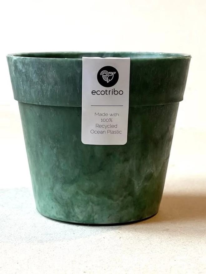 Small Green Ocean Plastic Plant Pot, a green recycled plant pot against a plain backdrop. 