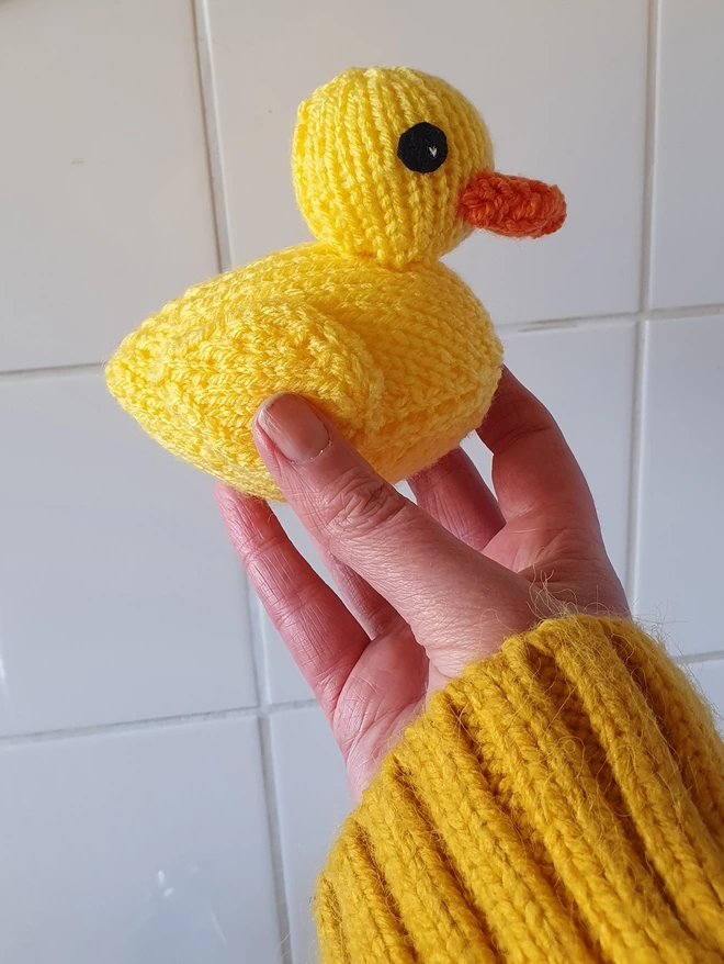 yellow knitted duck from a rubber duck kit