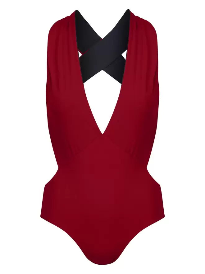 Front view of red Davy J Sustainable Waterwear cutout swimsuit with plunge neckline and wide cross back straps, on white background