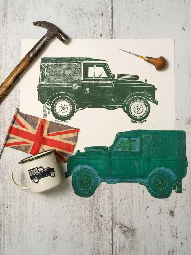 Picture of a Land Rover, taken from an original Lino Print 