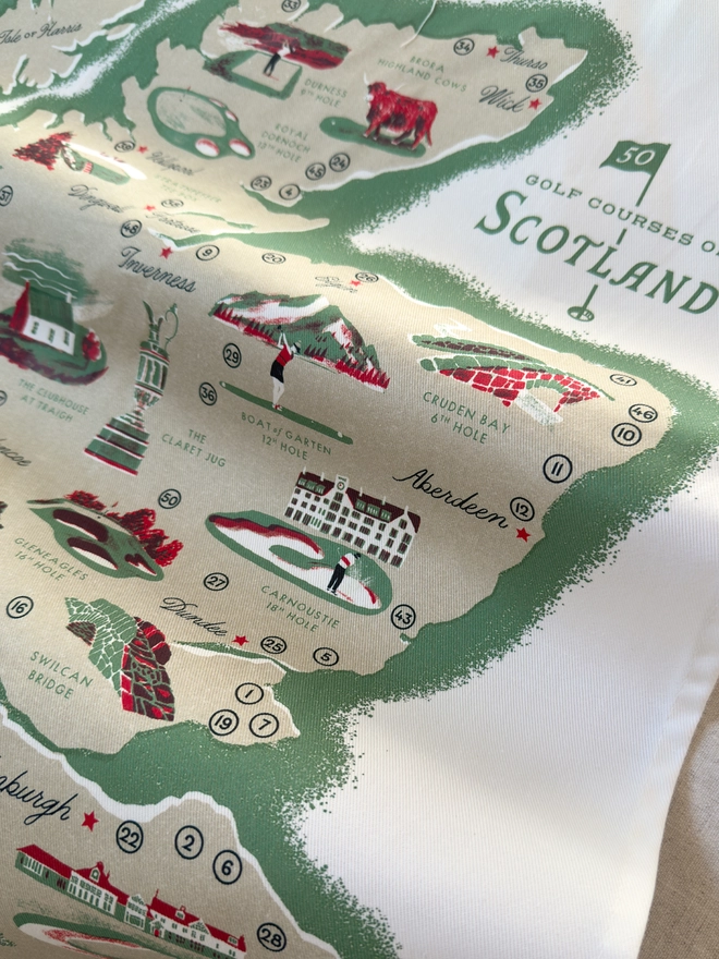 Golf Scotland Map Tea Towel Close Up