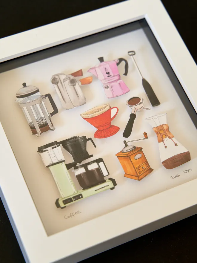 Illustrated 3D paper collage featuring a collection of hand-cut coffee illustration