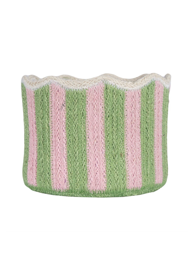 Kiwi stripy scalloped organic jute basket on a white background. 