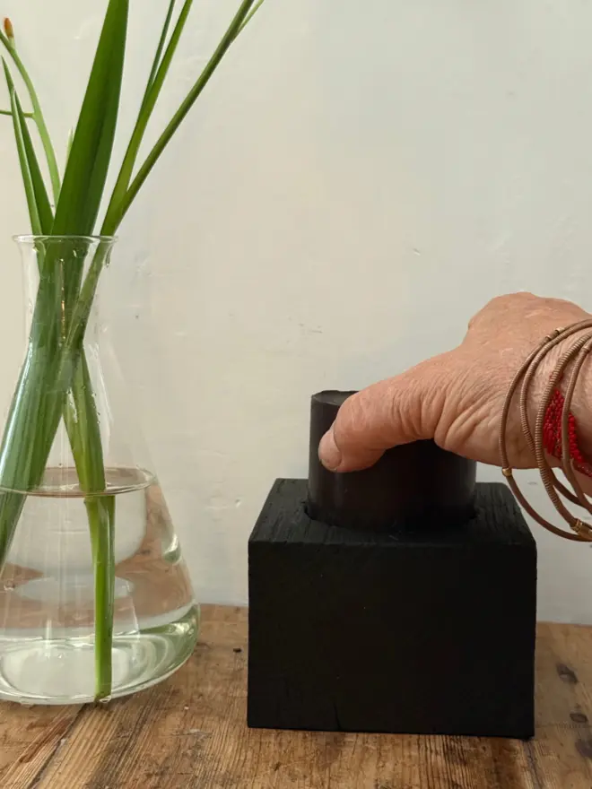 Refillable candle hand poured in wooden Yakisugi charred block candle holder