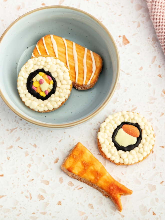 sushi shaped iced dog biscuits