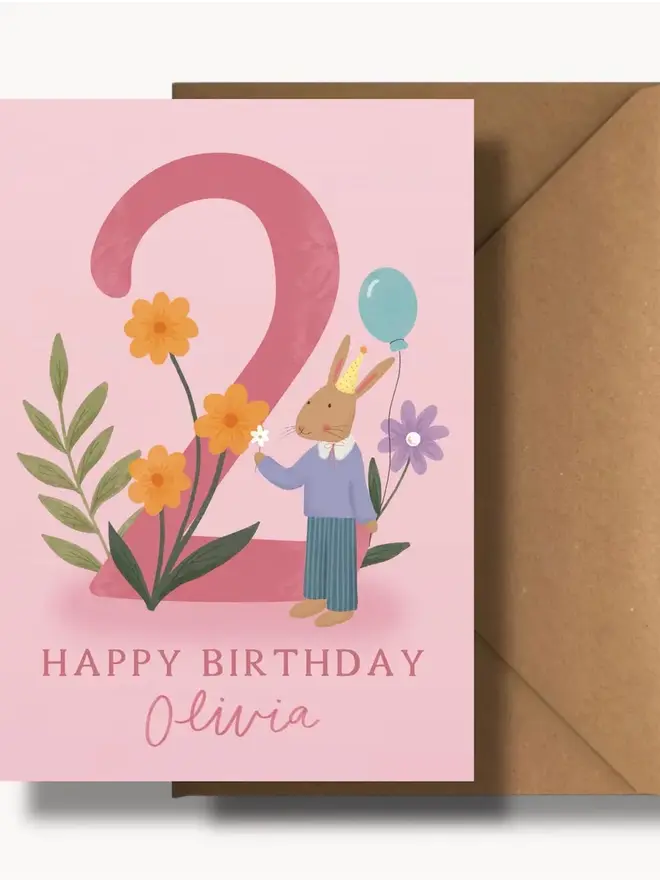 personalised floral 2nd birthday card. pink 2nd birthday card with illustrated rabbit and flowers.
